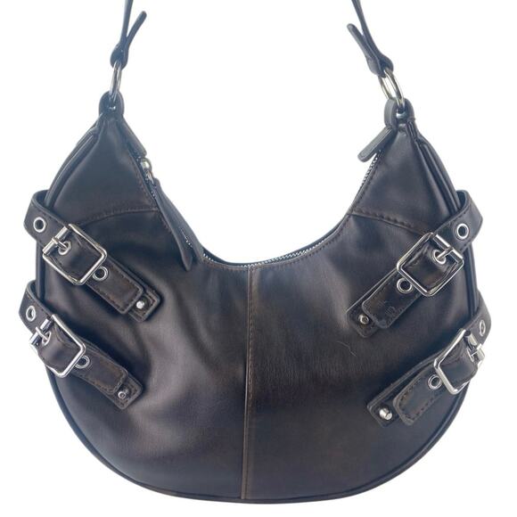 Rita Ora Women's Black Leather Buckle Half Moon Hobo Shoulder Handbag Size OS - Picture 3 of 6